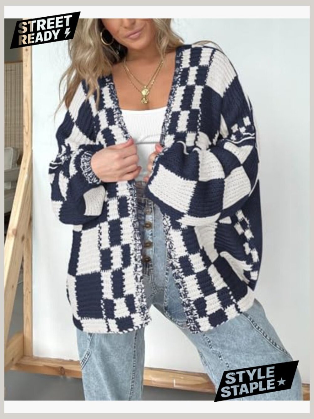 Casual Open Front Chunky Knit Cardigan Sweater Long Sleeve Checkered - Picture 2 of 7